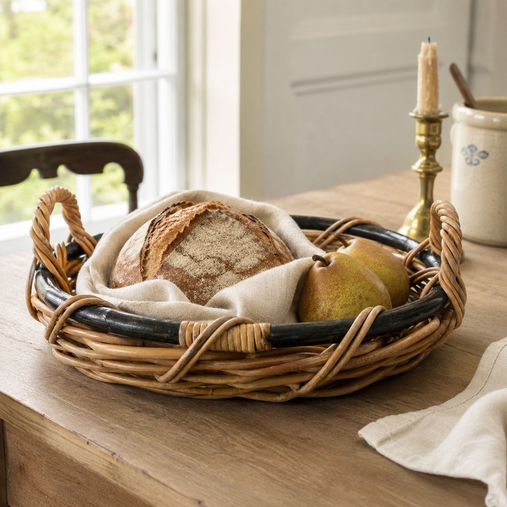 Woven Rattan Wicker Round Serving Tray Basket with Handles Tan Black 13 Inch